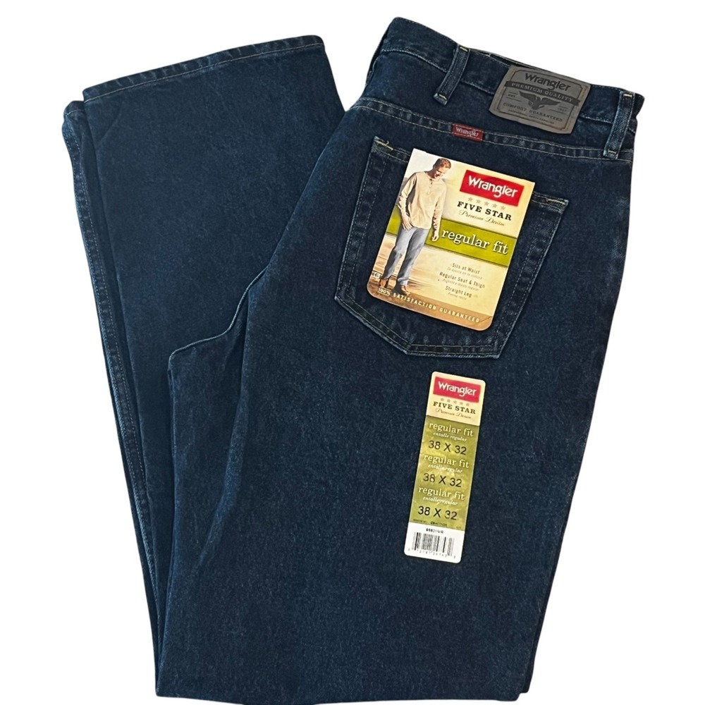 NWT Wrangler Five Star Premium Jeans Mens 38x32 Regular Fit Dark Wash‎